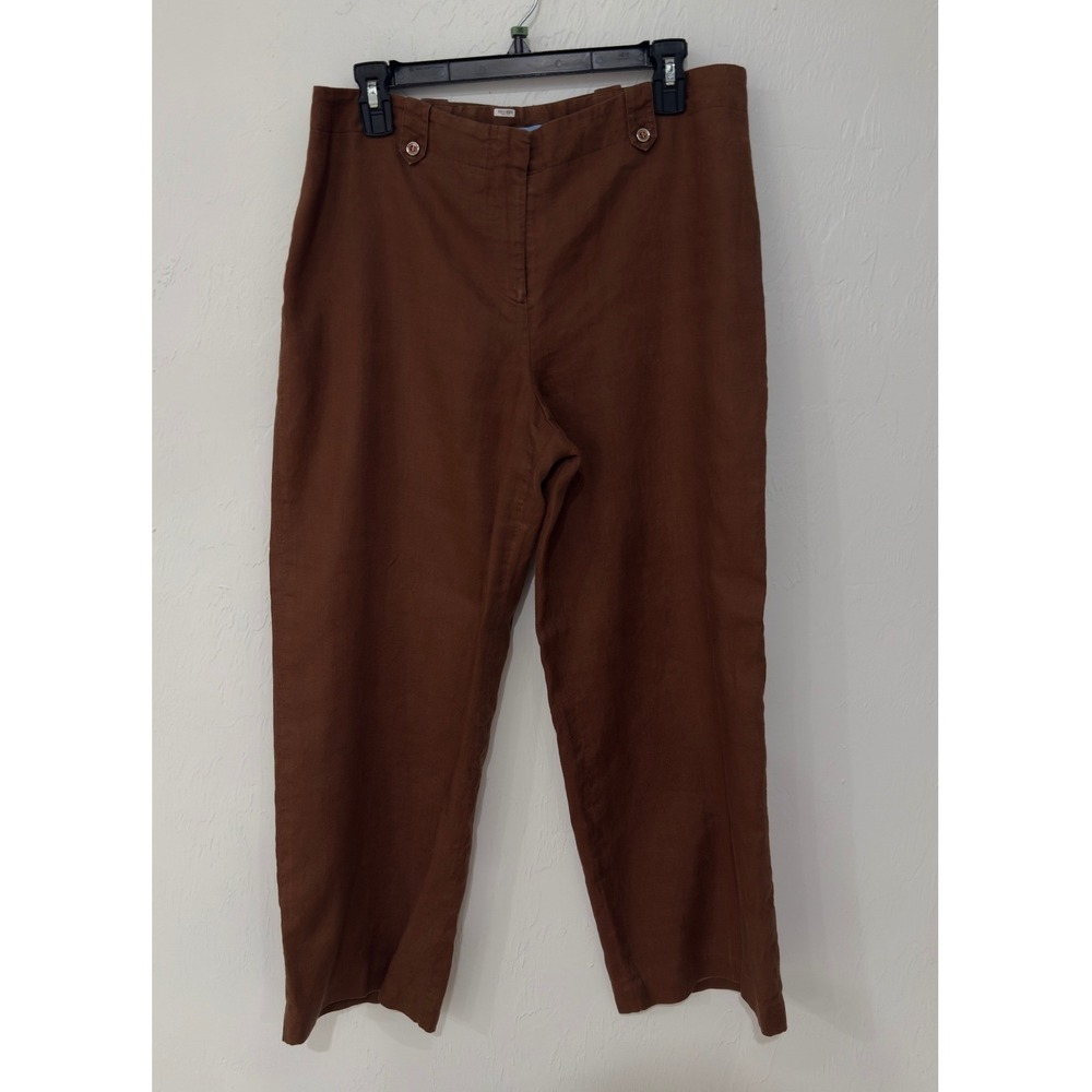 J. McLaughlin Brown Linen Wide Leg Trousers High Waisted Button Tab Size 14 - Picture 3 of 8
